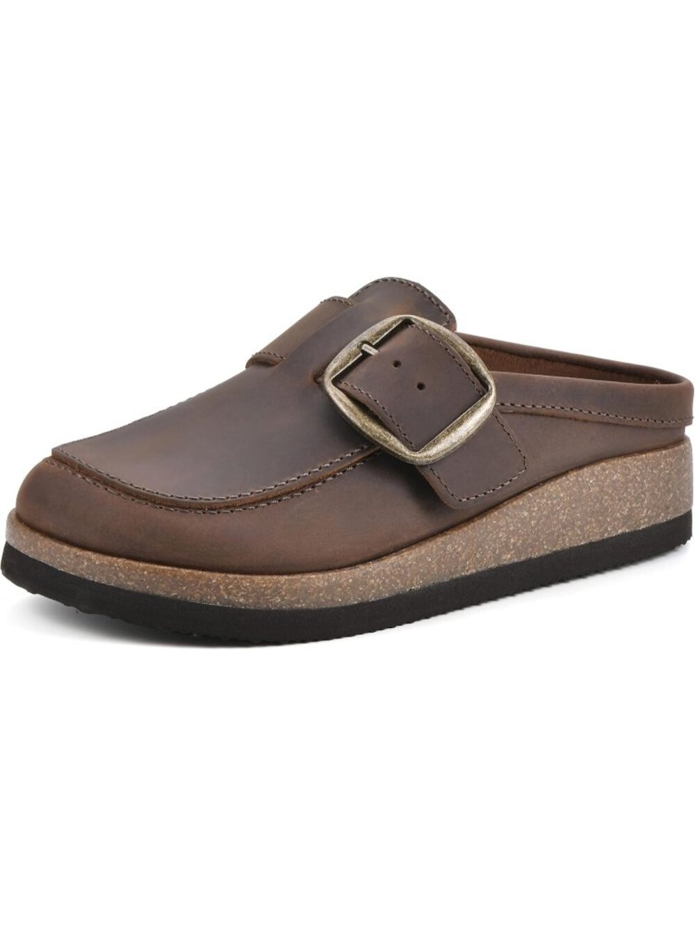 🆕Women's Brown 1 Suede Leather Big Buckle Foot bed Clogs Flat Slip On Mules